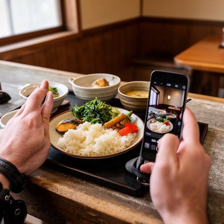 妙高の食堂で季節の定食を撮影する編集スタッフの手元