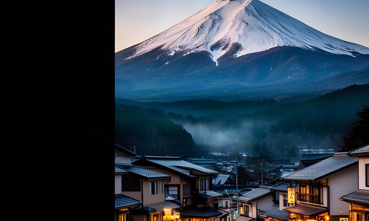 雪をいただく妙高山と集落の食堂街を望む夕暮れの風景