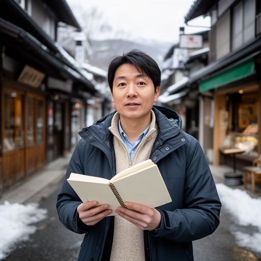 妙高の商店街で取材ノートを持つ編集担当者
