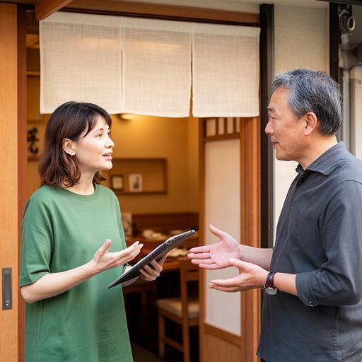 飲食店の入口で店主と掲載情報を確認する連絡担当者