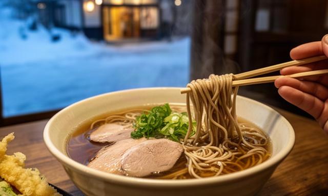 雪の赤倉温泉街にあるそば店で温かい鴨そばを味わう夕食