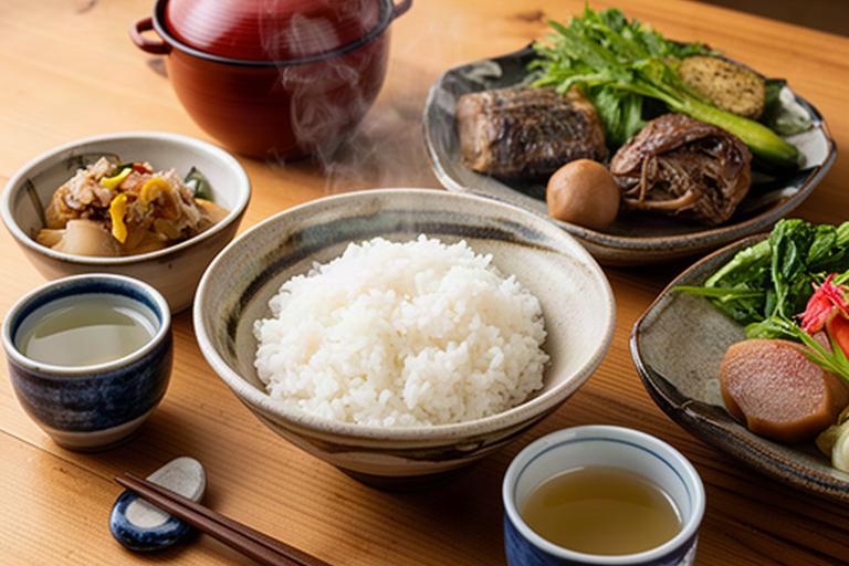 新潟産コシヒカリと地酒、妙高の郷土料理が並ぶ木の食卓