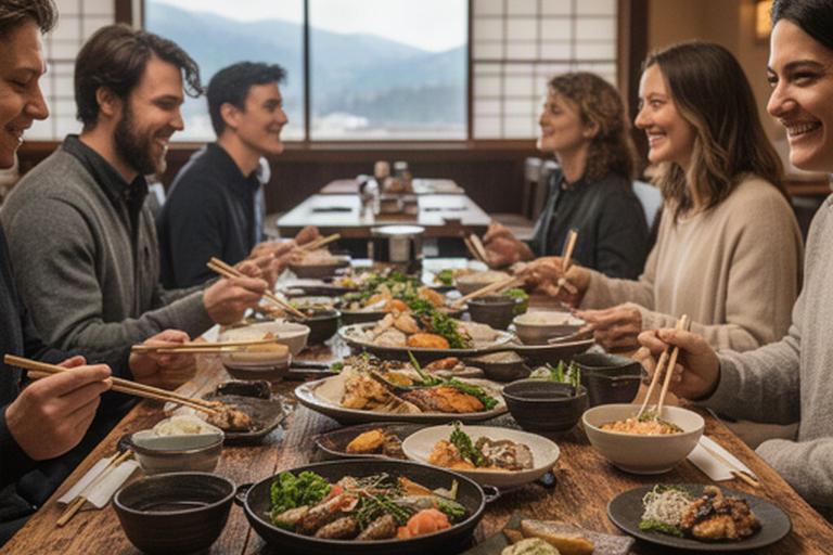 妙高の日本食店で旅行者が木のテーブルを囲み料理を楽しむ様子