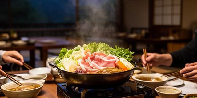 妙高の鍋料理店で野菜と肉の鍋を囲む落ち着いた夕食の席