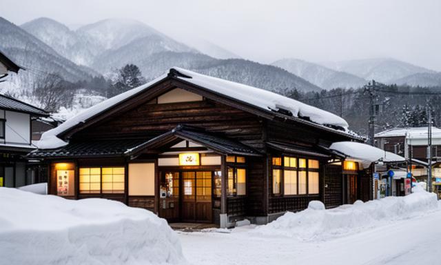 妙高高原駅近くの木造レストランと雪景色