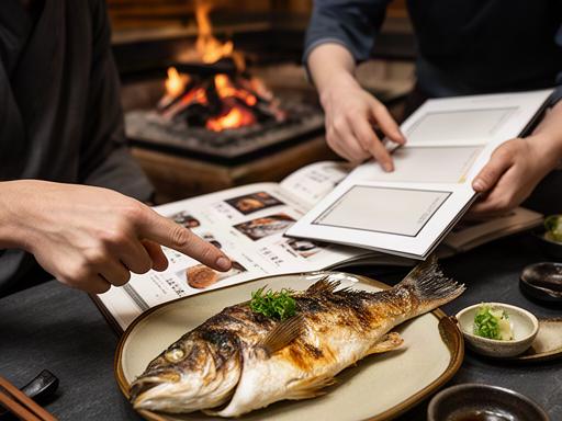 妙高の炉端料理店で韓国語の料理案内と焼き魚の写真を確認する場面