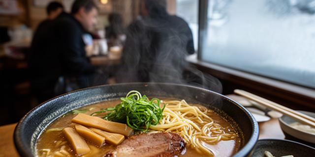 妙高高原のラーメン店で湯気の立つ味噌ラーメンを囲む昼食